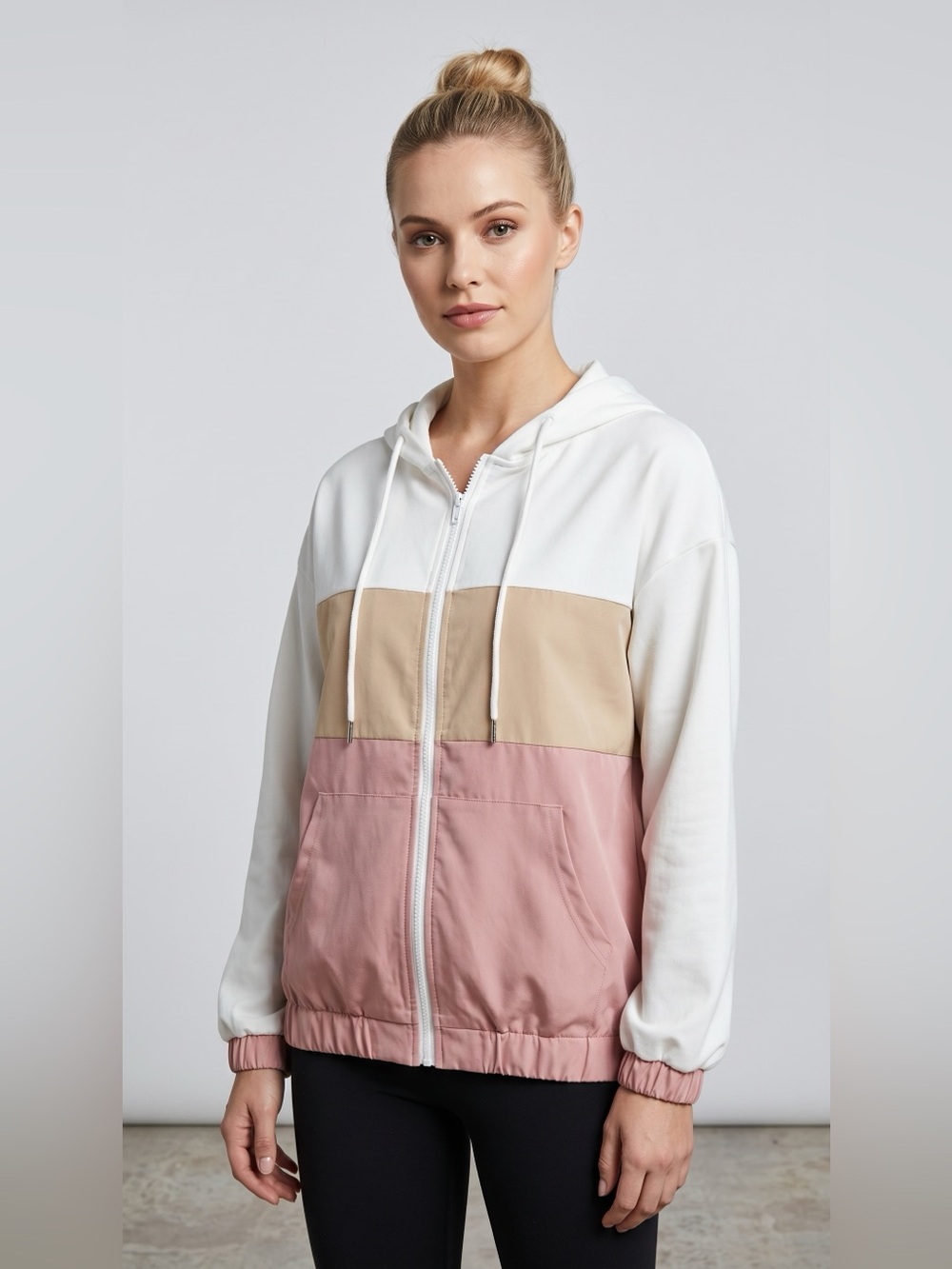Colorblock Zip Hoodie - White, Tan & Dusty Pink